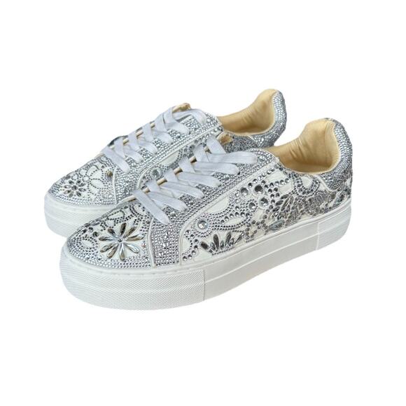 Betsey Johnson Reily White Platform Rhinestone Diamond Sneakers Size 8 Women’s - Picture 1 of 11